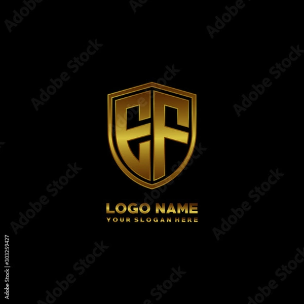 Fototapeta Initial letters EF shield shape gold monogram logo. Shield Secure Safe logo design inspiration