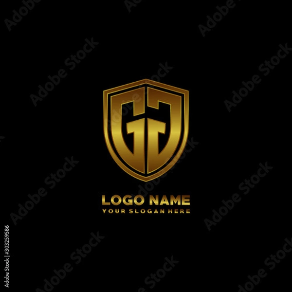 Fototapeta Initial letters GJ shield shape gold monogram logo. Shield Secure Safe logo design inspiration