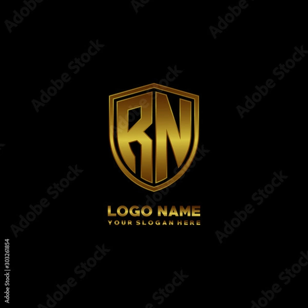 Fototapeta Initial letters RN shield shape gold monogram logo. Shield Secure Safe logo design inspiration