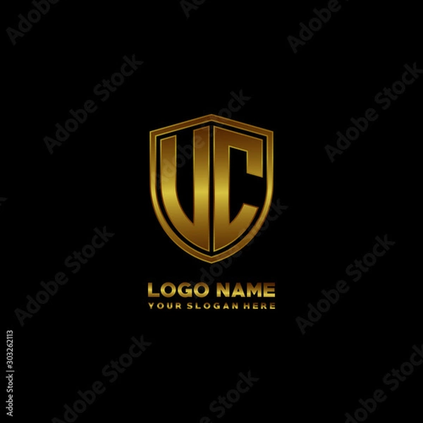 Fototapeta Initial letters UC VC shield shape gold monogram logo. Shield Secure Safe logo design inspiration