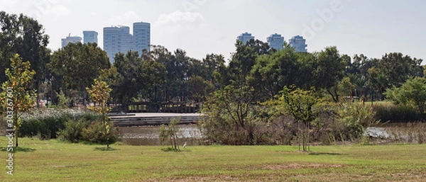 Fototapeta panorama of a pond in yarkon park in north tel aviv israel with high rise buildings in the background and an egret on the lawn in the foreground