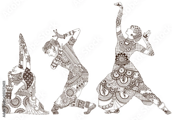 Obraz Indian dancers on a white background. Three girls in the style of mehndi.