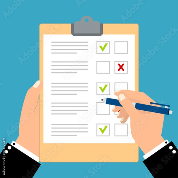 Fototapeta Hand filling checklist. Exam form or Survey paper sheets pile with answered quiz checklist and success result assessment, idea of education test, questionnaire, document vector illustration flat style