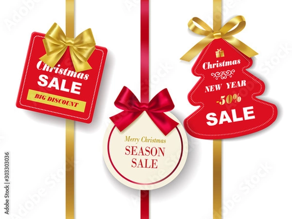 Obraz Set of realistic Red Christmas sale tags with golden ribbon on white  background. Vector Illustration.