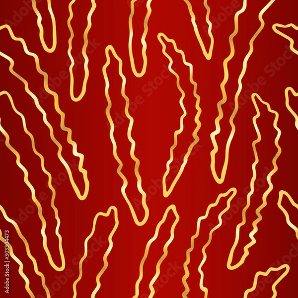 Obraz Seamless simple texture with hand drawn abstract golden shapes on dark red background; Vector endless wavy pattern with curves for decor, fabric print, gift wrap, invitation, banner, wrapping paper