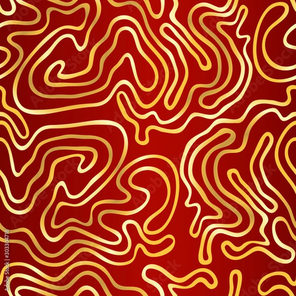 Fototapeta Seamless simple texture with hand drawn abstract golden shapes on dark red background; Vector endless wavy pattern with curves for decor, fabric print, gift wrap, invitation, banner, wrapping paper