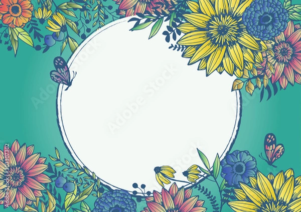 Fototapeta レトロな花柄の背景素材　ポップ　手書きイラスト　青　ターコイズブルー