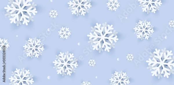 Fototapeta 3d realistic snowflakes illustrations on light blue background, modern winter pattern