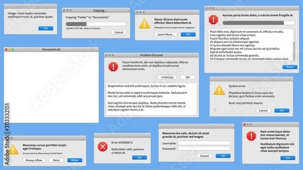 Fototapeta Modern pc window. User interface design, app web browser. System dialog boxes with error messages vector set