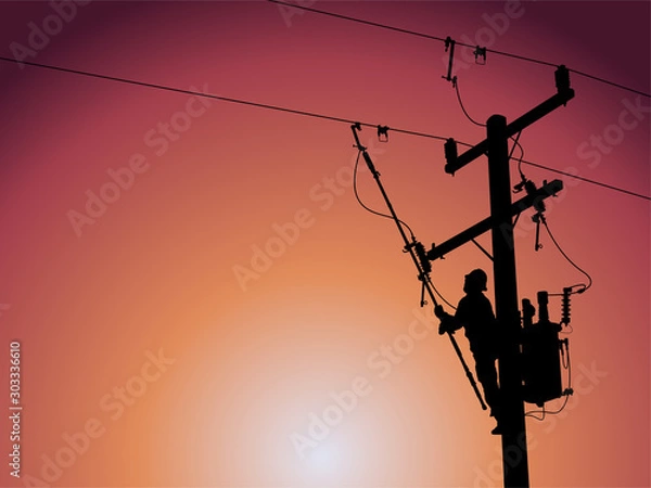 Fototapeta The silhouette of power lineman use clamp stick grip all type to handle hotline clamps. To be attached to insulate hanger. Wait to install the transformers into the distribution system.
