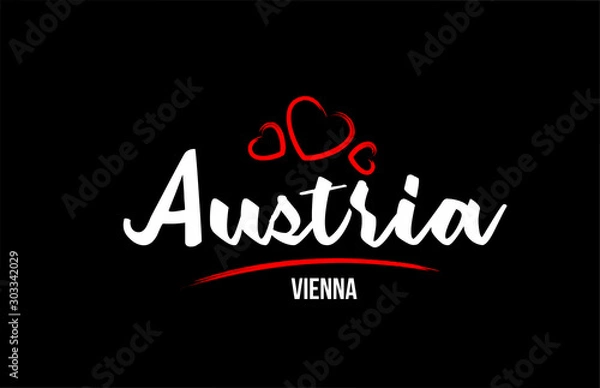 Fototapeta Austria country on black background with red love heart and its capital Vienna
