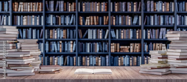 Obraz Otwórz książkę na półce w bibliotece ze starymi książkami renderowania 3d 3d ilustracji