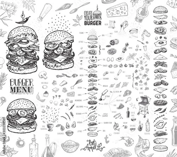 Fototapeta Menu Burger. Vintage szablon z ręcznie rysowane szkice hamburgera i jego składników. Grawerowanie ikony stylu wektor - bułka, kotlet, ogórki, pomidory i ser.