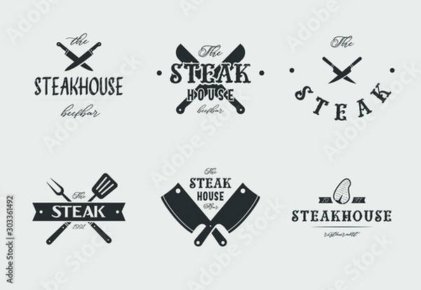 Obraz Steak house set logo with grill, steak, knife, meat, wine and beer. A restaurant. Steak cafe. Vector illustration.