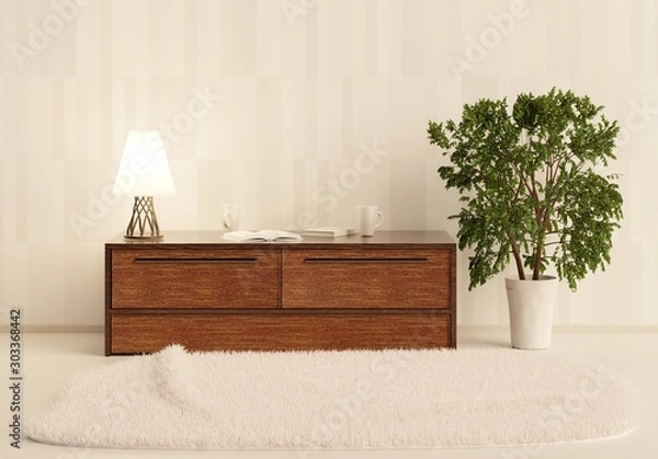 Fototapeta Home interior with console and lamp. Large indoor plant on the floor. White mat on the parquet. 3D rendering.