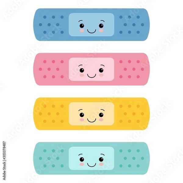 Obraz Set of color kawaii band aid icon on white background. vector illustration