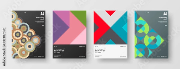 Fototapeta Business presentation vector A4 vertical orientation front page mock up set. Corporate report cover abstract geometric illustration design layout bundle. Company identity brochure template collection.
