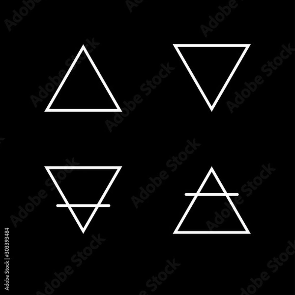 Obraz Vector illustration of four elements: air, earth, fire and water. Wiccan divination, ancient occult symbols, geometry on a black background. Mystical sense. Alchemy icons.  Pictograph 
