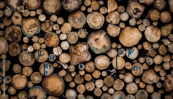 Obraz Abgeholzte Baumstämme auf einander gestapelt 