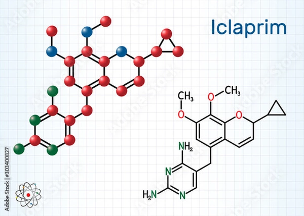 Fototapeta Iclaprim molecule. It is an antibiotic drug, is active against Gram positive organisms. Structural chemical formula and molecule model. Sheet of paper in a cage