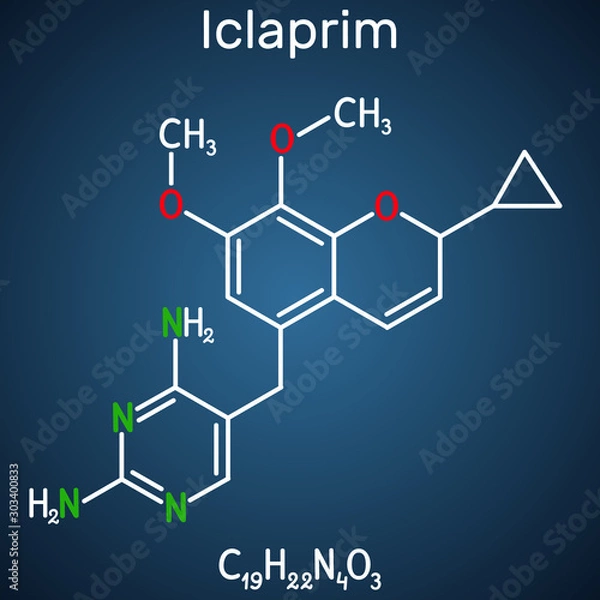 Fototapeta Iclaprim molecule. It is an antibiotic drug, is active against Gram positive organisms. Structural chemical formula on the dark blue background