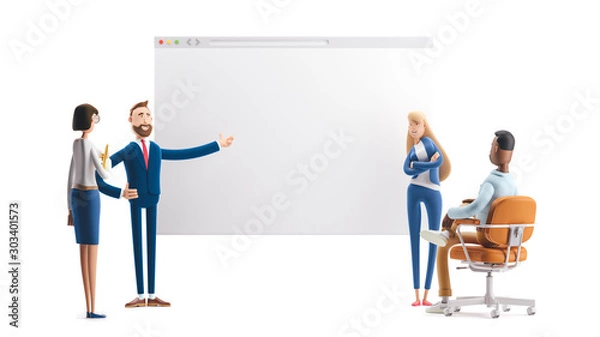 Obraz Koncepcja kreatywnego zespołu. Ilustracja 3D. Bohaterowie kreskówek. Zespół młodych profesjonalistów pracujących nad stroną docelową