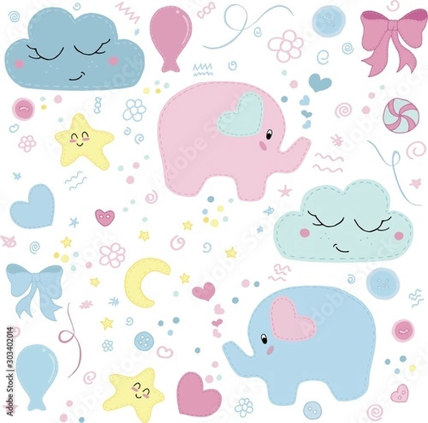 Obraz vector set, cute children's embroidered with decorative stitching elephants, bows, balls, stars