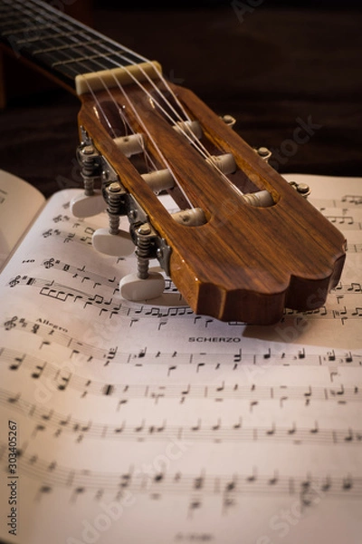 Obraz Guitar on sheet music notes