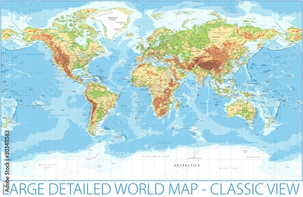 Obraz World Map - Physical Topographic - Vector Detailed Illustration