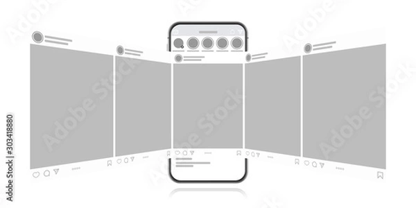 Obraz Social media design concept on a white background. Smartphone with carousel interface post on social network. Modern flat style vector illustration.