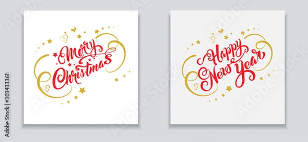 Fototapeta Merry Christmas and Happy New Year: banner, greeting card. Two templates in retro style for design Christmas celebration. Red text and gold decor. Vector image