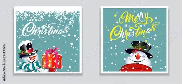 Fototapeta Christmas cards for your design. Two cute images with happy Snowman and merry snowman in retro style. Caption: Merry Christmas. Template for design: greeting cards, banners, posters. Vector graphic