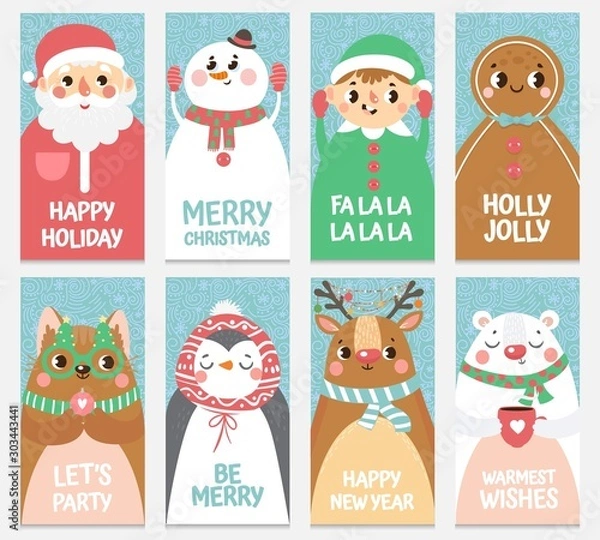Fototapeta  Set of Christmas and New Year greeting cards.Cute Santa Claus, Elf, Snowman, Deer, Bear, Cat, Penguin and Gingerbread man. Vector illustration.