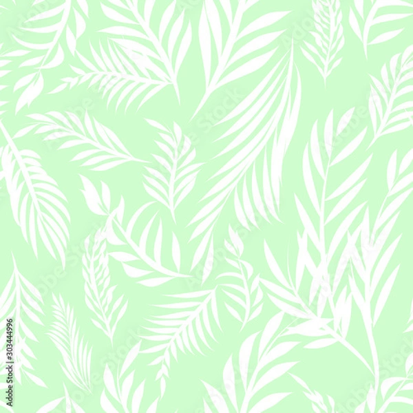 Fototapeta Foliage  Vector seamless repeat pattern, white leaves and sprigs with fern green background  