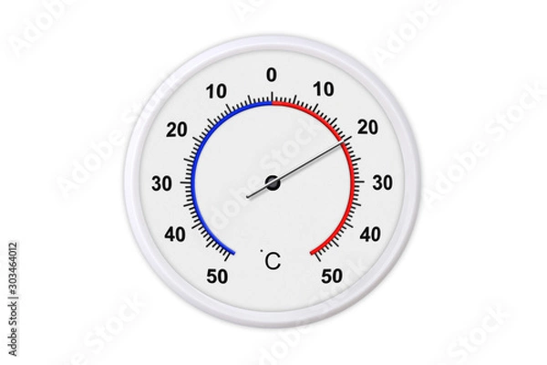 Fototapeta Celsius scale thermometer for measuring weather temperature.  Thermometer isolated on white background. Ambient temperature plus 20 degrees