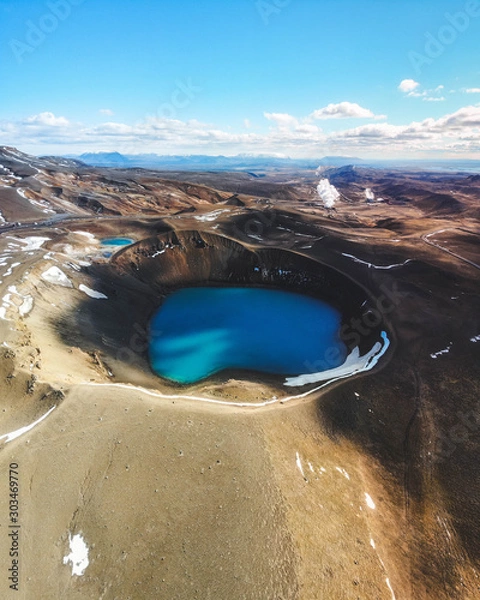 Fototapeta Aerial view of Krafla caldera in the summer with turquoise water in it