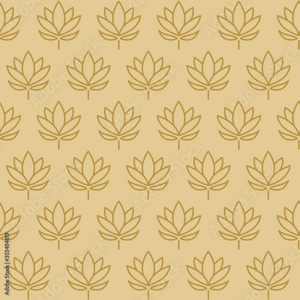 Fototapeta Vector illustration. Seamless pattern. Lotus flowers, golden buds and leaves. Isolated on gold background. The silhouette of a lotus in a pattern on a isolated background