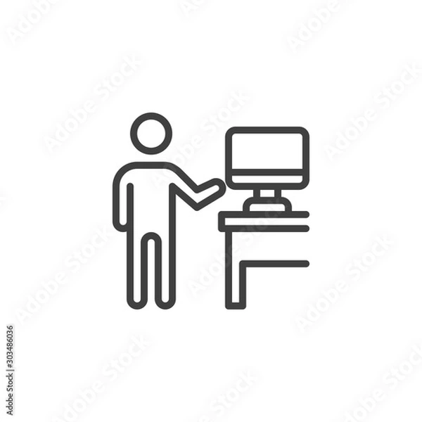 Obraz Man showing on computer screen line icon. linear style sign for mobile concept and web design. Online business training outline vector icon. Symbol, logo illustration. Vector graphics