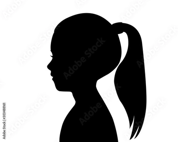 Obraz Black silhouette of a girl's head. Child profile. Long hair pulled in a ponytail. Female silhouette. Drawing isolated on a white background.  Vector stock illustration.