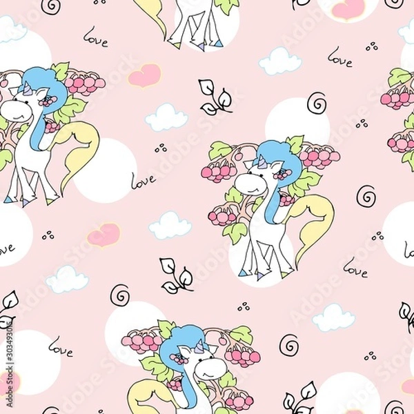 Fototapeta Cute hand drawn unicorn vector pattern with balloons and heart. Vector illustration design for fabrics, wallpapers and cover. Seamless pastel unicorns.	