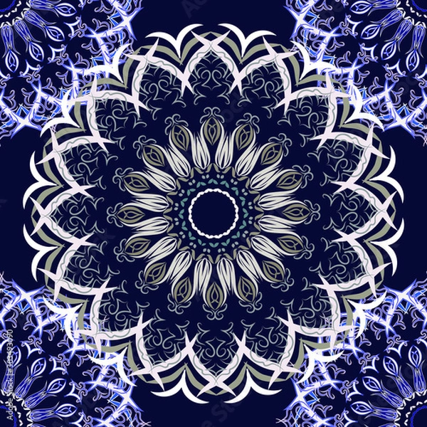 Obraz Geometric patterns, snowflakes, round lace patterns. Thin carved lines, symmetry, harmony. Wallpaper, tattoo, pattern for greeting cards, wrapping paper. The background is navy blue.
