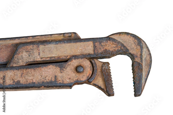Fototapeta vintage rusty pipe wrench isolated on white background, top view