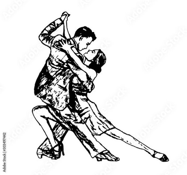 Obraz Dancing couple of people. Flat design, black line isolated on white. Vector image.