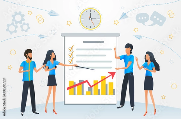 Fototapeta Business profit growth strategy, financial report, consulting team, project planning and management, cartoon business people meeting, planning, presentation. Flat vector illustration
