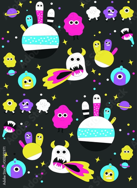 Obraz children's cartoon pattern with colored space monsters on a gray background