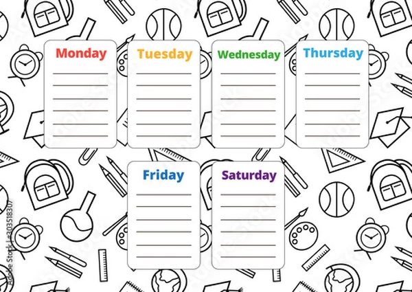 Obraz School timetable on the monochrome repeatable background with school supplies. Vector weekly planner for children. A4 scaled standard size