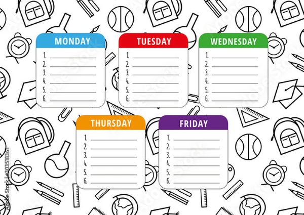 Obraz School timetable template on the monochrome repeatable background. Vector everyday planner for children with school supplies. A4 scaled standard size