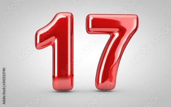 Fototapeta Red glossy balloon number 17 isolated on white background.