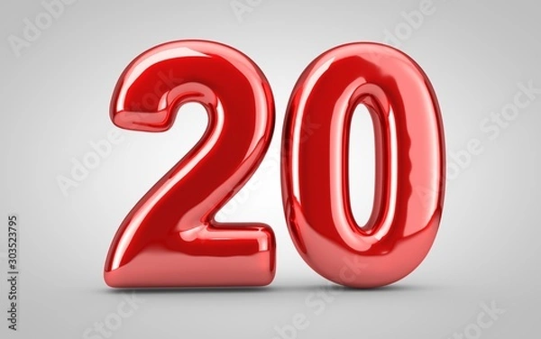 Fototapeta Red glossy balloon number 20 isolated on white background.
