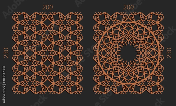 Obraz Laser cutting set. Woodcut vector trellis panels. Plywood lasercut floral design. Hexagonal seamless patterns for printing, engraving, paper cut. Stencil lattice ornaments.